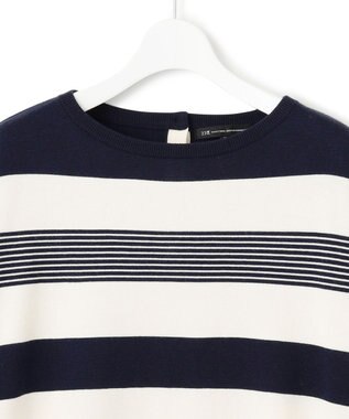 23区 L 【洗える】ウールコットンストレッチ オーバーサイズ ニット ネイビー×オフボーダー