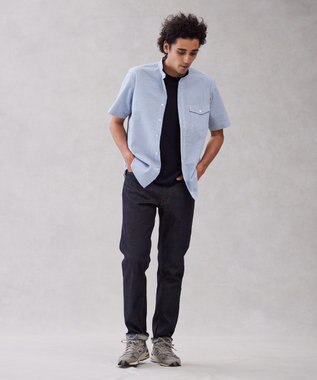 J.PRESS MEN 【クールマックス】サッカーマルチストライプ バンドカラーシャツ サックスブルー系1