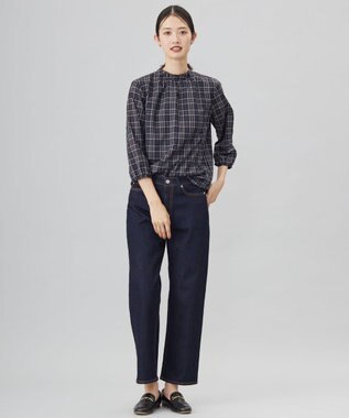 J.PRESS LADIES L プロビスストライプチェック フリルネック カットソー ネイビーチェック系