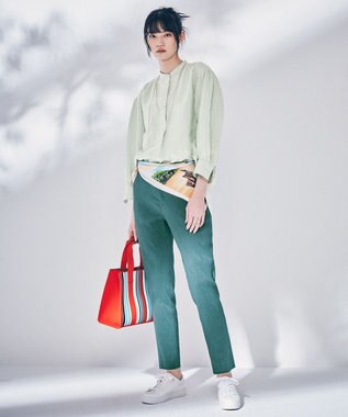 23区 L 【洗える】リネンレーヨンストレッチ テーパード パンツ ピーコックグリーン系