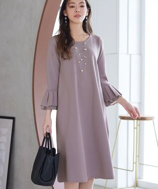 Tiaclasse シフォンフレア袖スポンジニットワンピース グレージュ