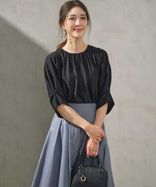 組曲 L 【WEB限定】ボーダージャガード タック袖ブラウス ブラック系