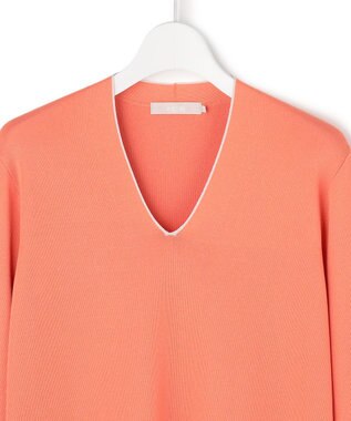 ICB L シンセティックフルニードル Vネックニット ライトコーラル×トープライン