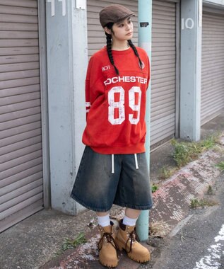 WEGO 【ユニセックス着用ITEM】ケミカルウォッシュナンバリングプルオーバー レッド