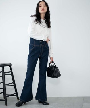 WEGO ハイウエストストレッチフレアデニムパンツ デニム濃色