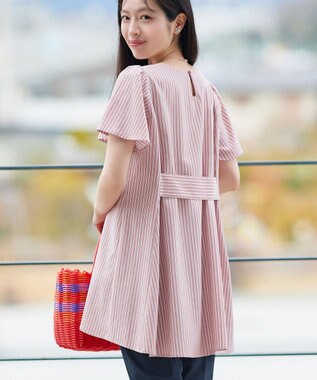 Tiaclasse L 【おのののかさん着用】半袖＆七分袖選べる袖丈バックフレアチュニック 半袖ピンクストライプ