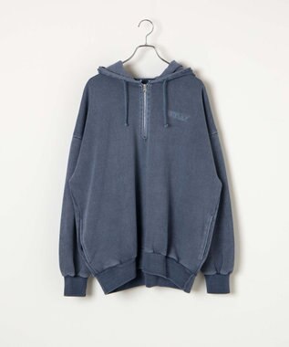 WEGO ピグメントハーフZIPロゴプルパーカー ブルー