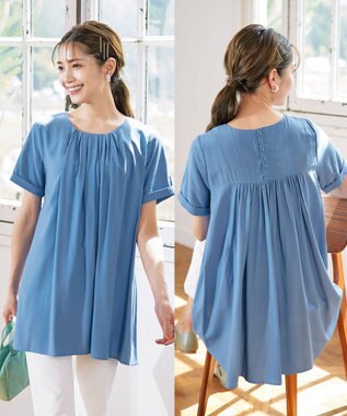 Tiaclasse 【洗える】バックギャザーフレアチュニックブラウス ブルー