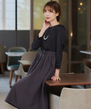 Tiaclasse L 【洗える】バックルベルト付き配色フレアワンピース ブラック