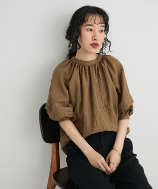 CRAFT STANDARD BOUTIQUE ストライプジャカードパフスリーブブラウス Brown