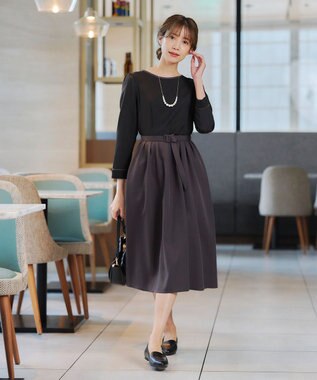 Tiaclasse L 【洗える】バックルベルト付き配色フレアワンピース ブラック