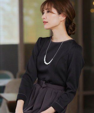 Tiaclasse L 【洗える】バックルベルト付き配色フレアワンピース ブラック