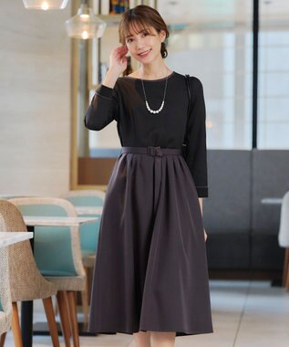 Tiaclasse L 【洗える】バックルベルト付き配色フレアワンピース ブラック