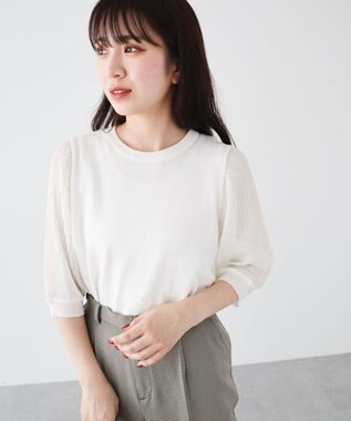 Green Parks 袖プリーツドッキング５分袖ニットプルオーバー Off White