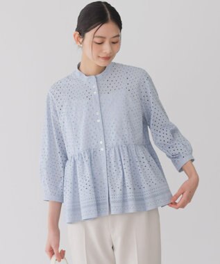 組曲 エンブロイダリーレーススタンドネック ブラウス クラウディブルー系