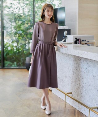 Tiaclasse L 【洗える】バックルベルト付き配色フレアワンピース ピンク