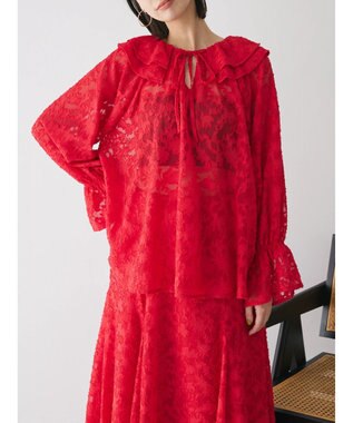 Green Parks シアージャガード花柄フリルブラウス Red