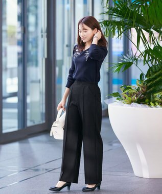 Tiaclasse 【洗える】刺繍リブニットトップス ネイビー