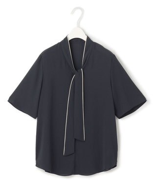 ICB L 【人気のため新色追加・接触冷感・UVケア・洗える】BackSatinAmunzen 5分袖配色ボウタイブラウス ネイビー系