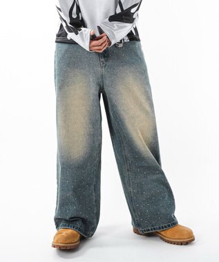 WEGO 【ユニセックス着用ITEM】スーパーバギーラインストーンデニムパンツ デニム中濃加工色
