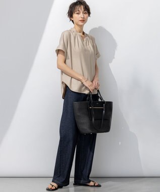 23区 【接触冷感/UVカット】ドライスラブストレッチ スキッパー ブラウス ベージュ系