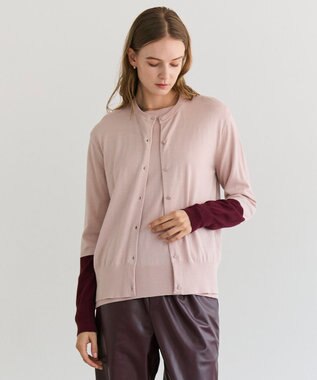 BEIGE， CHLOR / ウールシルク配色クルーネックカーディガン