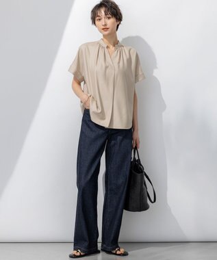 23区 【接触冷感/UVカット】ドライスラブストレッチ スキッパー ブラウス ベージュ系