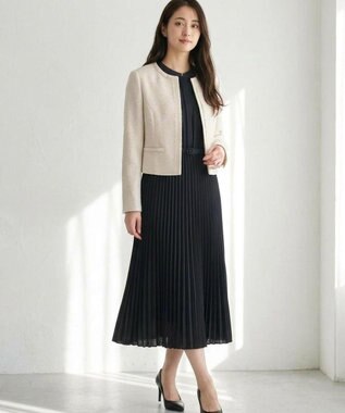 ANY SIS リップルボーダーストレッチ ノーカラージャケット シャンブレーベージュ