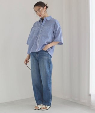 WEGO 【ANGIE VINTAGE】キャンブリックボイルオーバー半袖シャツ ブルーストライプ