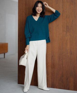 23区 【洗える】ウールミドルゲージ Vネック ニット ピーコックグリーン系