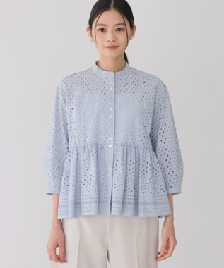 組曲 エンブロイダリーレーススタンドネック ブラウス クラウディブルー系