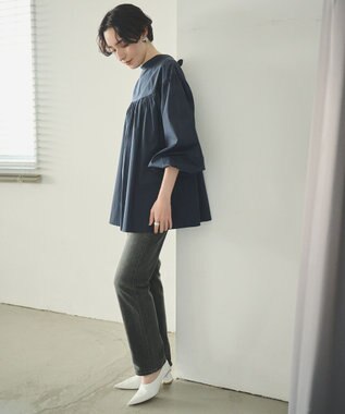 #Newans 【アイロンいらず】バストカットギャザーブラウス ネイビー