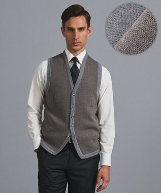 GOTAIRIKU 体温調整に【洗える/チクチクしにくい/ピリングしにくい】イタリア糸 ハイゲージ ベスト_WOOL100% グレー×ヘリンボーン柄(25年新色)