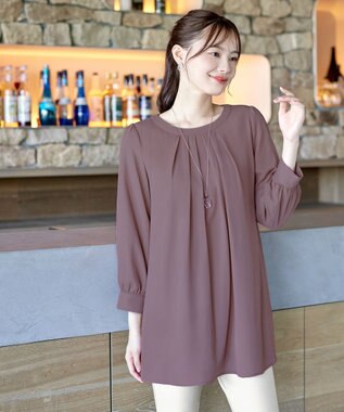 Tiaclasse L 【新色追加・洗える】裏起毛ジョーゼット胸元タックチュニックブラウス ピンク