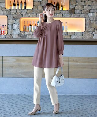 Tiaclasse L 【新色追加・洗える】裏起毛ジョーゼット胸元タックチュニックブラウス ピンク