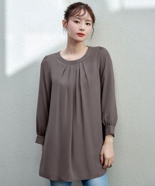 Tiaclasse L 【新色追加・洗える】裏起毛ジョーゼット胸元タックチュニックブラウス モカ