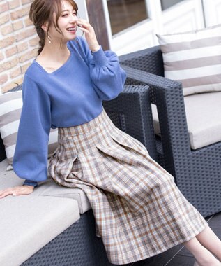 Tiaclasse L 【洗える】大人上品なウール調タックフレアスカート ベージュチェック