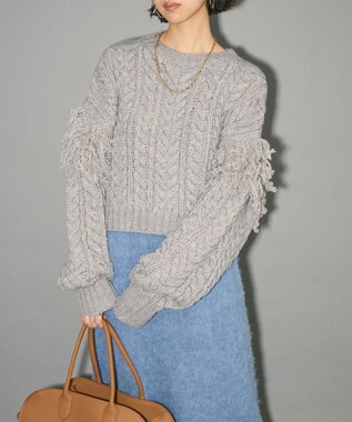 Green Parks フリンジスリーブショート丈ケーブルニット Light Gray