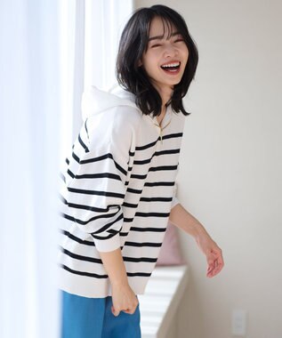 ANY 【洗濯機可】ハーフジップアップ ニットフーディ オフ×ブラック