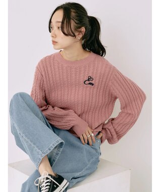 earth music&ecology 刺繍入りケーブルニットプルオーバー Pink