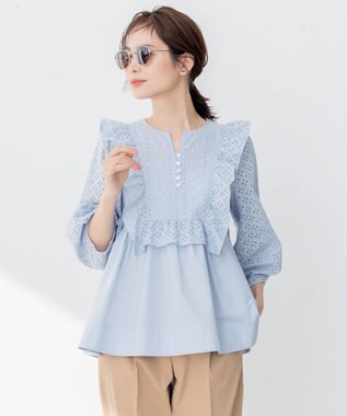 組曲 【WEB限定色あり】レースコンビシャーティング ブラウス 【WEB限定】サックスブルー