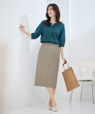 J.PRESS LADIES 【WEB限定カラーあり・接触冷感・UVケア】 スムースジャージー キーネック カットソー ダークグリーン系
