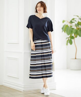 自由区 【接触冷感・速乾・UVカット・撥水・防シワ】リネンライクツイル プルオーバーブラウス ネイビー系1