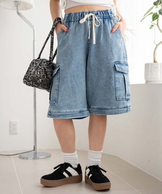 WEGO 【ウエストゴム/2WAY】2WAYデニムカーゴパンツ デニム淡加工色