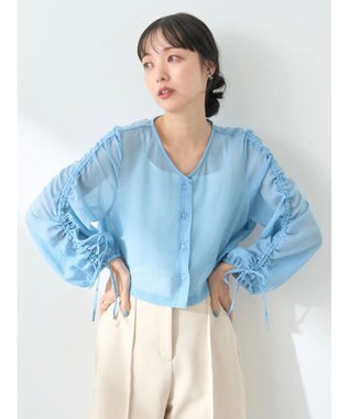 earth music&ecology キラキラシアーギャザーシャツ Blue