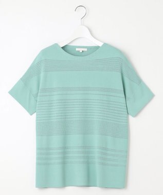 自由区 【UVカット・洗える】クレープストレッチボーダー ニット アクア