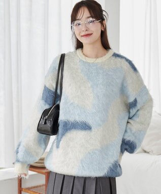 WEGO 【ユニセックス着用ITEM】マーブルシャギーニットプルオーバー サックス