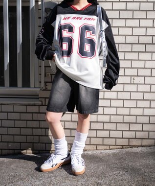 WEGO VネックナンバリングサテンBIGスウェット ブラック