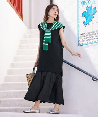 Tiaclasse 【洗える】カットソーコンビヴィンテージサテンワンピース ブラック