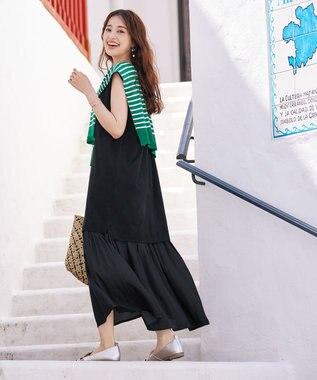 Tiaclasse 【洗える】カットソーコンビヴィンテージサテンワンピース ブラック